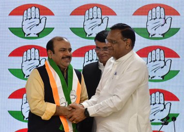 NEW DELHI, INDIA - MARCH 20, 2024: Lok Sabha MP Danish Ali joins Congress in the presence of Congress leader Pawan Khera, AICC General Secretary UP Avinash Pandey, at AICC HQ on March 20, 2024 in New Delhi, India. (Photo Sonu Mehta/Hindustan Times) clipart