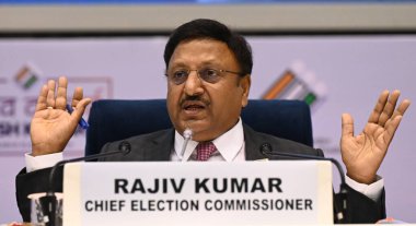 NEW DELHI, INDIA - MARCH 16, 2024: Rajiv Kumar, Chief Election Commissioner of India during a press conference announced the dates for the upcoming General Lok Sabha Election at Vigyan Bhawan, on March 16, 2024 in New Delhi, India.  clipart