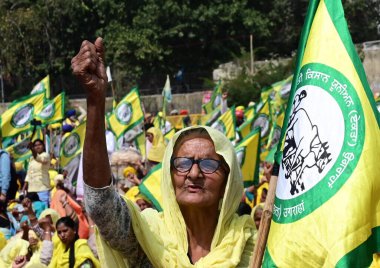 NEW DELHI, INDIA - MARCH 14, 2024: Farmers from all over India gather at Ramlila Maidan for 'Kisan Mazdoor Mahapanchayat' to protest against Centres policies on MSP clipart