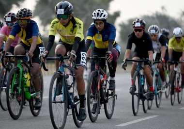 GREATER NOIDA, INDIA - MARCH 17: Cyclists participate in a 55 kilometers long Cyclothon near Gaur city mall road, on March 17, 2024 in Greater Noida, India. HCL Cyclothon was organized under the aegis of Cycling Federation of India  clipart