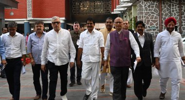 NEW DELHI, INDIA, MARCH 22, 2024: Congress Leader KC Venugopal, Dr Abhishek Manu Singhvi, TMC Derek O Brian, Mohd Nadimul Haque, CPI M Leader Sitaram Yechury AAP Leader Sandeep Pathak, Pankaj Gupta NCP SP Jitendra Awhad, DMK P Wilson SP Javed Ali. clipart