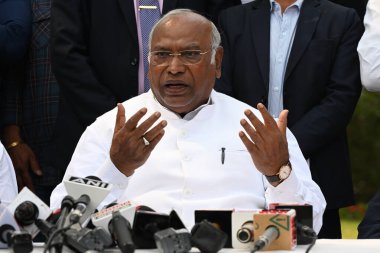 NEW DELHI, INDIA - MARCH 11: Congress party National president Mallikarjun Kharge address media persons as BJP MP from Churu Rahul Kaswan joins Congress at 10 Raja ji Marg  on March 11, 2024 in New Delhi, India clipart