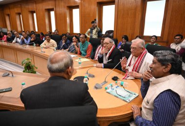 NEW DELHI, INDIA - MARCH 13, 2024: Eminent Urdu Writer and Lyrics Gulzar addressing the Birth Tercentenary Seminar on Mir Taqi Mir, during the Sahityotsav at Sahitya Akademi office on March 13, 2024 in New Delhi, India. clipart