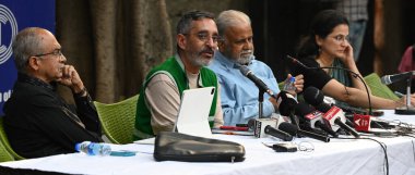 NEW DELHI, INDIA - MARCH 22: Adv. Prashant Bhushan, Supreme Court, Prof. Jagdeep Chhokar, Association of Democratic Reforms, Anjali Bharadwaj, Common Cause, Nitin Sethi, Reporters Collective addressing a press conference on the final disclosures  clipart