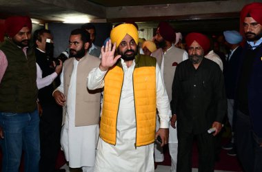 CHANDIGARH, INDIA - 12 Mart 2024 tarihinde Punjab Vidhan Sabha 'dan Hindistan' ın Chandigarh kentinde yapılan oturumun son gününde gelen Başbakan Punjab Bhagwant Mann. (Fotoğraf: Ravi Kumar / Hindustan Times) 