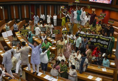 NEW DELHI, INDIA - JULY 29, 2024:  BJP councillor protest Against Delhi mayor shelly oberoi and AAP government's during the House meeting of Municipal Corporation of Delhi at civic center  on July 29, 2024 in New Delhi, India.   clipart