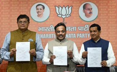 NEW DELHI, INDIA - MARCH 2, 2024: General secretary of Bharatiya Janata Party, Vinod Tawde, Vice President BJP Baijayant Jay Panda, MP Anil Baluni, during the announcements the BJP First List of Candidates for lok sabha seats at BJP Headquarter. clipart