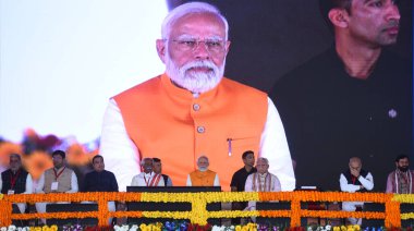 GURUGRAM, INDIA - MARCH 11:  Prime Minister Narendra Modi, Cabinet Minister Nitin Gadkari, Governor Bandaru Dattatreya, Chief Minister Manohar Lal during inaugurates the Dwarka Expressway and lay the foundation stone of Shamli-Ambala National Highway clipart