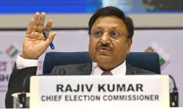 stock image NEW DELHI, INDIA - MARCH 16, 2024: Rajiv Kumar, Chief Election Commissioner of India during a press conference announced the dates for the upcoming General Lok Sabha Election at Vigyan Bhawan, on March 16, 2024 in New Delhi, India. 