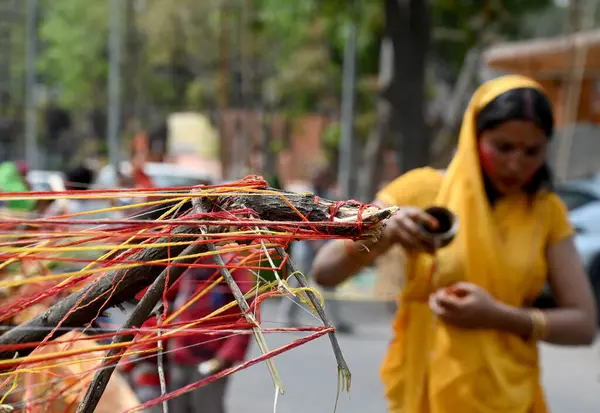 NOIDA, INDIA - 24 Mart 2024 'te Hindistan' ın Noida kentinde, Holi 22. Bölge 'de düzenlenen Holika Dahan festivali sırasında ibadete gelenler. 