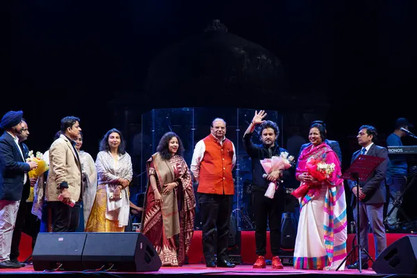 stock image NEW DELHI, INDIA - MARCH 4, 2024: Singer Javed Ali performs during a concert organized by Delhi Tourism at Sunder Nursery