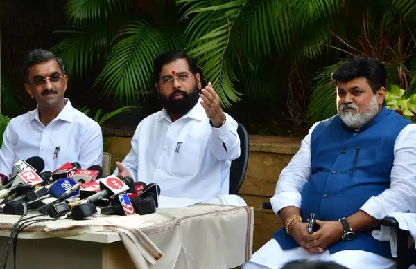 Stock image MUMBAI, INDIA - MARCH 18, 2024: Maharashtra CM Eknath Shinde addressing the media, in the presence of Shivsena (Shinde faction) leader Shambhuraj Desai, Shivsena (Shinde faction) leader Uday Samant on March 18, 2024 in Mumbai, India.