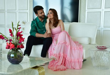 MUMBAI, INDIA - FEBRUARY 9, 2024: Bollywood actress Ankita Lokhande Jain with her husband, businessman Vicky Jain during an exclusive interview with HT City for the Valentines Day special shoot   clipart