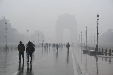 NEW DELHI, INDIA - JANUARY 31: Visitors protect themselves from sudden rain at Kartavya Path, on January 31, 2024 in New Delhi, India. clipart