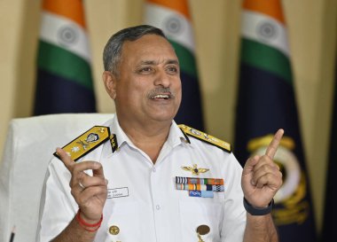 MUMBAI, INDIA  JANUARY 29: Inspector General Bhisham Sharma, TM, Commander, Coast Guard Region (West) interacts with media  at Headquarters, Coast Guard Region (West), Worli, on January 29, 2024 in Mumbai, India. clipart