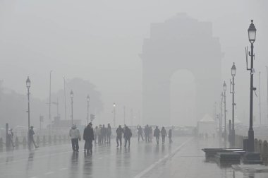 NEW DELHI, INDIA - 31 Ocak: Ziyaretçiler kendilerini Yeni Delhi, Hindistan 'da 31 Ocak 2024 tarihinde Kartavya Yolu' nda ani yağmurdan korudular.