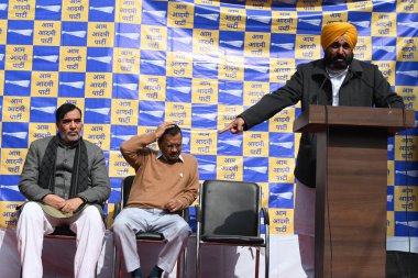 NEW DELHI, INDIA - 2 FEBRUARY 2024: Delhi Arvind Kejriwal, ve Punjab CM başkanı Sardar Bhagwant Mann, BJP 'deki Chandigarh belediye başkanlığı seçimlerinde hile yaptıkları için BJP' ye karşı bir protesto başlattılar..