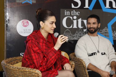 NEW DELHI, INDIA - FEBRUARY 1, 2024: Bollywood actors Shahid Kapoor and Kriti Sanon during an exclusive interview with HT City for the promotion of their upcoming movie 