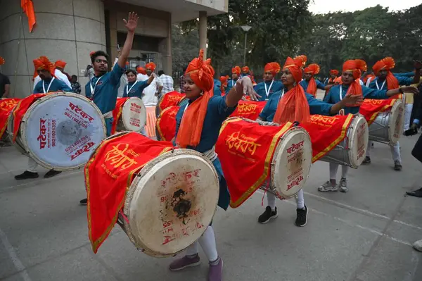 stock image GURUGRAM, INDIA - FEBRUARY 19: Maharashtrian people celebrate the Chhatrapati Shivaji Maharaj birth anniversary at sector-40 community center near Huda Market on Feburary 19, 2024 in Gurugram, India. 