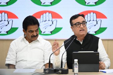 NEW DELHI, INDIA - FEBRURAY 22, 2024: Congress leaders KC Venugopal along with Ajay Maken addresses a press conference over the seizure of Bank Accounts of Congress party at AICC Headquarters on February 22, 2024 in New Delhi, India. clipart