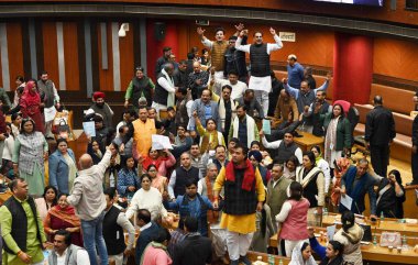 NEW DELHI, INDIA - FEBRUARY 7:  Opposition party councillors protest in front of Delhi Mayor Shelly Oberoi inside the Municipal Corporation of Delhi (MCD) c during the Special Meeting on the Revised Budget Estimates 2023-24, at the Shyama Prasad  clipart