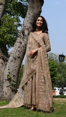 NEW DELHI, INDIA - FEBRUARY 19, 2024: Sini Sadanand Shetty, Indian model and beauty pageant titleholder, poses for a photo during a media interaction as India gears up to host the 71st Miss World Pageant, at Hotel Ashoka. clipart