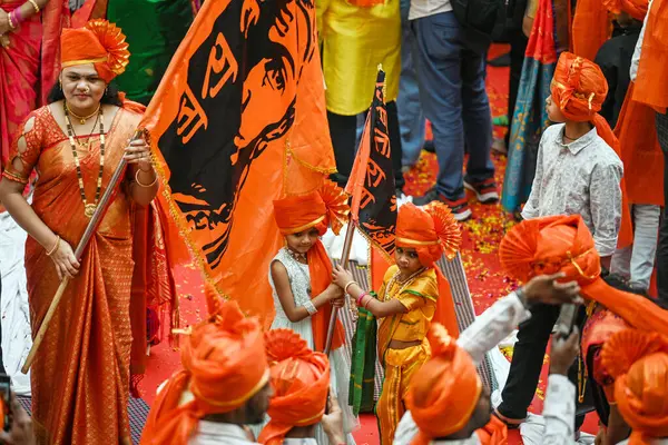 stock image NEW DELHI, INDIA - FEBRUARY 19, 2024: Maharashtrian women in traditional attire took part in Shivaji Jayanti celebrations at Maharashtra Sadan on February 19, 2024 in New Delhi, India.