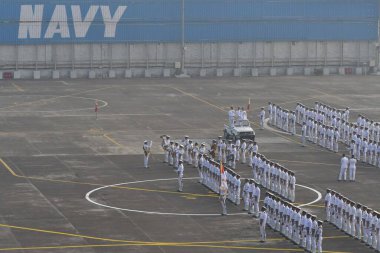 MUMBAI, INDIA - JANUARY 3, 2024: Vice Adm Sanjay. J. Singh inspects the ceremonial parade upon taking over as the FOC-in-C Western Naval Command from Vice Adm Dinesh K Tripathi at INS Shikra, Colaba on January 3, 2024 in Mumbai, India. clipart