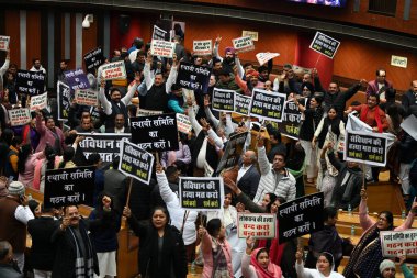 NEW DELHI, INDIA JANUARY 15, 2024: Delhi Belediye Başkanı Shelly Oberoi, Sivil Merkezi 'nde düzenlenen özel MCD ev toplantısında Delhi AAP Hükümetini protesto eden BJP MCD Konsey Üyeleri olarak açıklama yaptı