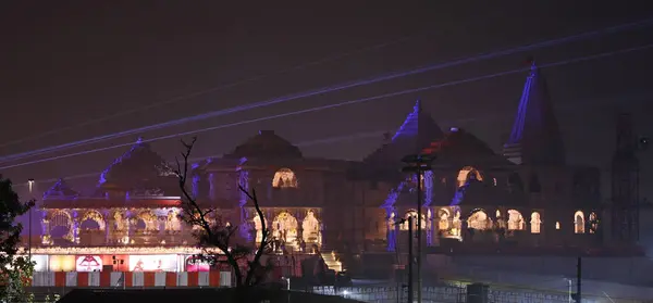 stock image AYODHYA, INDIA  JANUARY 21, 2024 : An illuminated view of Ram Janmbhooi Temple on the eve of the consecration ceremony 