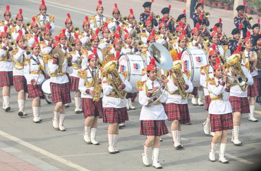 NEW DELHI, INDIA  JANUARY 26, 2024: An all women contingent from Sashastra Seema Bal (SSB) Band past the saluting Base during the 75th Republic Day Parade 2024, at Kartavya Path clipart