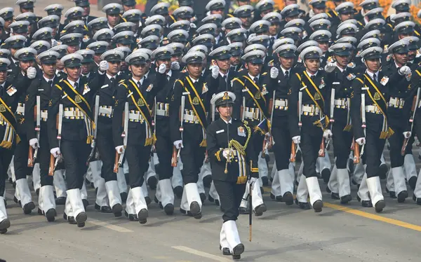 stock image NEW DELHI, INDIA  JANUARY 26, 2024: A contingent of the Indian Coast Guard marches past the saluting Base during the 75th Republic Day Parade 2024, at Kartavya Path