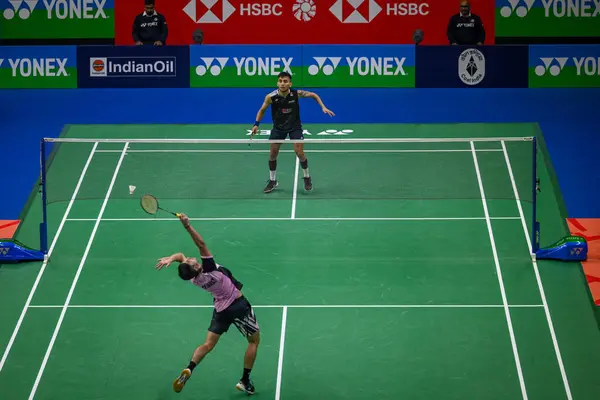 stock image NEW DELHI, INDIA - JANUARY 16, 2024:  Lakshya Sen from India competes during the men's singles match against Priyanshu Rajawat of India at the Yonex-Sunrise India Open 2024 badminton tournament 