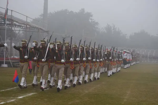 stock image GURUGRAM, INDIA  JANUARY 24: A contingent of Haryana Police march past during Full Dress Rehearsals for the Republic Day Parade at Tau Devi Lal Stadium, Sector-38 near Rajiv Chowk, on January 24, 2024 in Gurugram, India. 