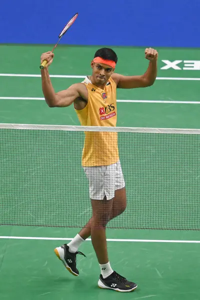 stock image NEW DELHI, INDIA - JANUARY 18, 2024: Satwiksairaj Rankireddy with Chirag Shetty from India competes during the Mens doubles match against Lu Ching Yao with Yang Po Han of Taiwan at the Yonex-Sunrise India Open 2024 badminton tournament  