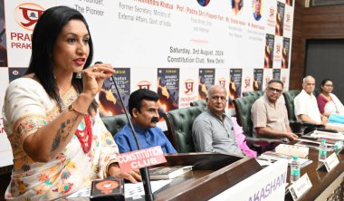 NEW DELHI, INDIA - AUGUST 3, 2024: Novel Writer Dr. Yojna Jain addresses after releases her Book Novel 