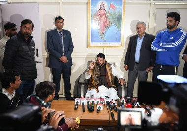 NEW DELHI, INDIA - DECEMBER 24: BJP MP Brij Bhushan Singh holding a press conference at his residence after the suspension of new elected WFI body by the sports Ministry, on December 24, 2023 in New Delhi, India. clipart