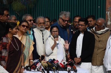 NEW DELHI, INDIA - DECEMBER 20, 2023: TMC Chief and Chief minister of West Bengal Mamata Banerjee, along with a delegation of MPs, talking to media after meeting with Prime Minister Narendra Modi over pending central funds for West Bengal. clipart