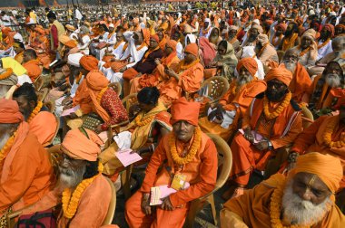 KOLKATA, INDIA - DECEMBER 24, 2023: Sadhu and priests collectively chanted sacred verses from the Bhagavad Gita at the 