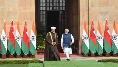 NEW DELHI, INDIA  DECEMBER 16, 2023: Prime Minister Narendra Modi with Sultan of Oman Haitham Bin Tariq during their meeting at the Hyderabad House on  December 16, 2023 in New Delhi, India. clipart