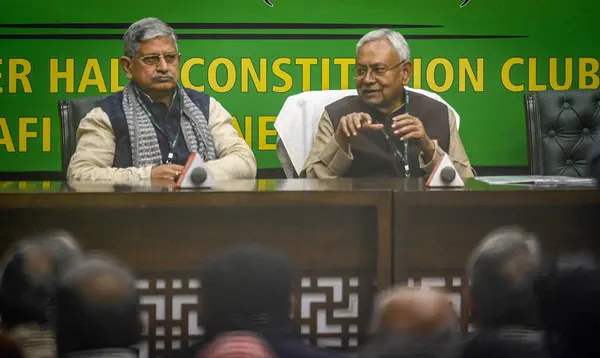 stock image NEW DELHI, INDIA - DECEMBER 29, 2023: Bihar Chief Minister Nitish Kumar along with Lalan Singh President of the Janata Dal (United) arrive for the JDU National Executive Meeting at the constitution club of India at Rafi Marg.