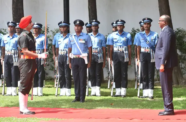 stock image NEW DELHI, INDIA - AUGUST 29:  Cabinet Secretary for Kenyas Ministry of Defence Aden Bare Duale, inspecting Tri-Service Guard of Honour, on presence by Defence Minister Rajnath Singh at Vigyan Bhawan on August 29, 2023 in New Delhi, India.  