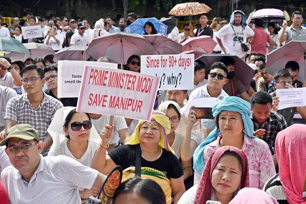 stock image NEW DELHI, INDIA  AUGUST 6: Meitei community people and supporters during a protest organized by Delhi Meitei Coordinating Committee over the ongoing ethnic violence in Manipur, at Jantar Mantar, on August 6, 2023 in New Delhi, India. 