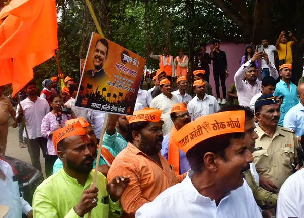 stock image MUMBAI, INDIA - AUGUST 6:  Activists of Maratha Kranti Thok Morcha were arrested by Mumbai Police at Teen Batti Girgaon before reaching DCM Devendra Fadnavis's residence at Malabar Hill, to protest against the Maratha reservation issue