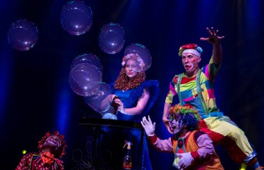 MUMBAI, INDIA - MAY 9, 2023 :  Artists from Russia, Uzbekistan, Kyrgyzstan, Ethiopia and India rehearse on the eve of International Circus Festival which begins from May 10 to May 21, at St. Andrew's Auditorium, Bandra (West) clipart