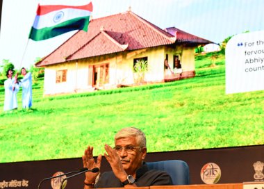 NEW DELHI, INDIA - AUGUST 8:  Union Minister of Culture and Tourism, Gajendra Singh Shekhawat along with Secretary ministry of culture Uma nanduri Joint address a Curtain Raiser Press Conference on Har Ghar Tiranga Campaign at Conference Hall clipart