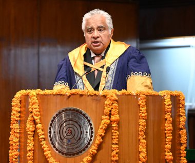 NEW DELHI, INDIA - AUGUST 10, 2024: Harish Salve, King's Counsel and Sr. Advocate Chairperson Board of Governors IIT Delhi addressing the 55th Annual Convocation at IIT Delhi, Hauz Khas on August 10, 2024 in New Delhi, India clipart