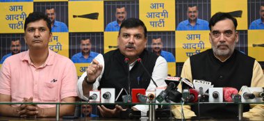 NEW DELHI, INDIA - AUGUST 9, 2024: AAP leaders and Delhi Cabinet Minister Gopal Rai, Saurabh Bharadwaj, Rajya Sabha MP Sanjay Singh, AAP leader Pankaj Gupta, Adil Khan with other Party leaders during a press Conference.  clipart