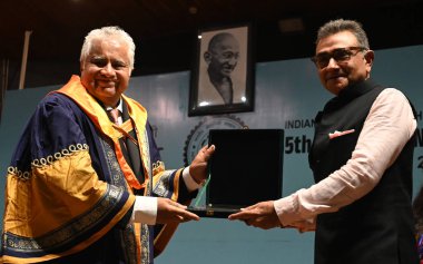 NEW DELHI, INDIA - AUGUST 10, 2024: Harish Salve, King's Counsel and Sr. Advocate Chairperson Board of Governors IIT Delhi addressing the 55th Annual Convocation at IIT Delhi, Hauz Khas on August 10, 2024 in New Delhi, India clipart