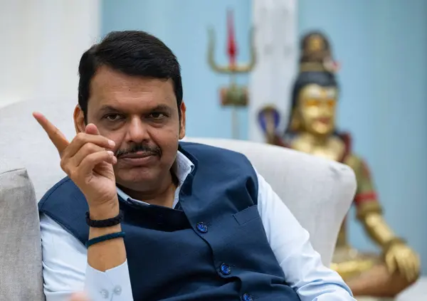 stock image MUMBAI, INDIA  JUNE 29: Maharashtra Deputy CM Devendra Fadnavis interacts during his interview with Hindustan Times, at Sagar Bunglow, on June 29, 2023 in Mumbai, India.